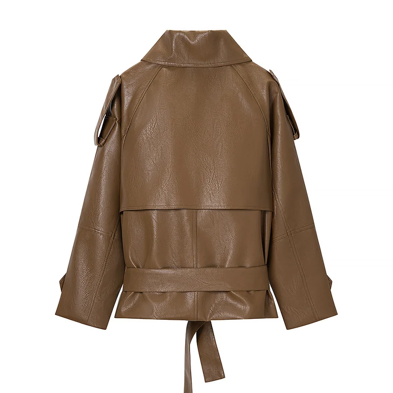 Damen Kurz geschnittener Kunstleder-Trenchcoat mit Bindegürtel und Schulterriegel Nord Taschen