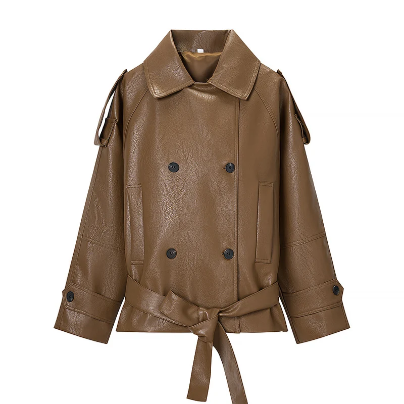 Damen Kurz geschnittener Kunstleder-Trenchcoat mit Bindegürtel und Schulterriegel Nord Taschen