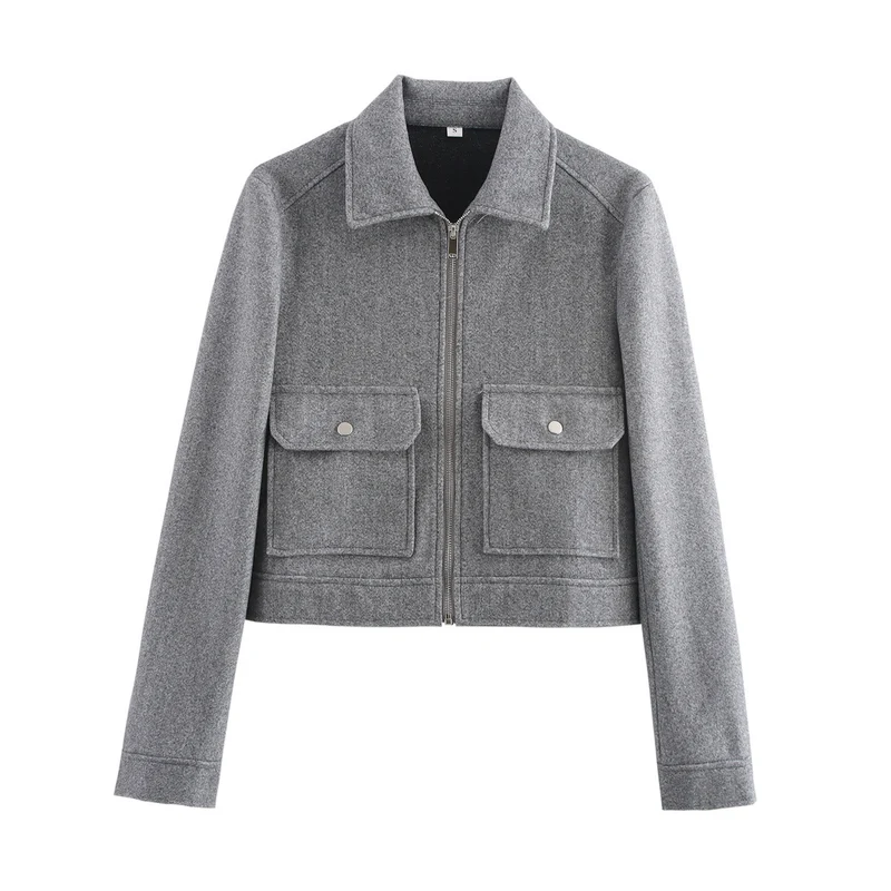 Damen Kurz geschnittene Wollmix-Jacke mit Hemdkragen, Reißverschluss und aufgesetzten Klappentaschen Nord Taschen