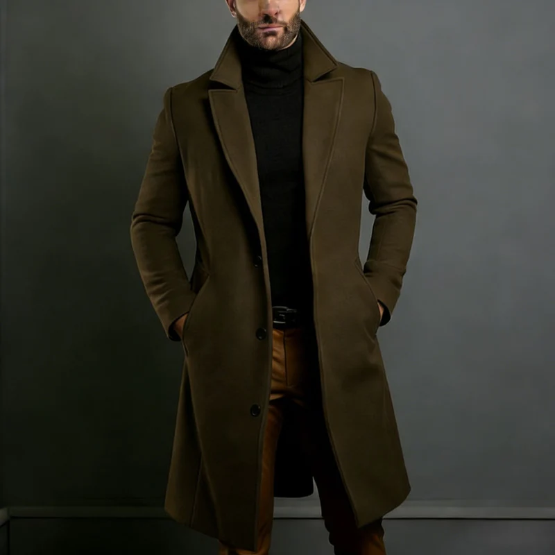 Herren Eleganter einreihiger Langmantel aus Wollmix mit schmaler Silhouette und Reverskragen Nord Taschen