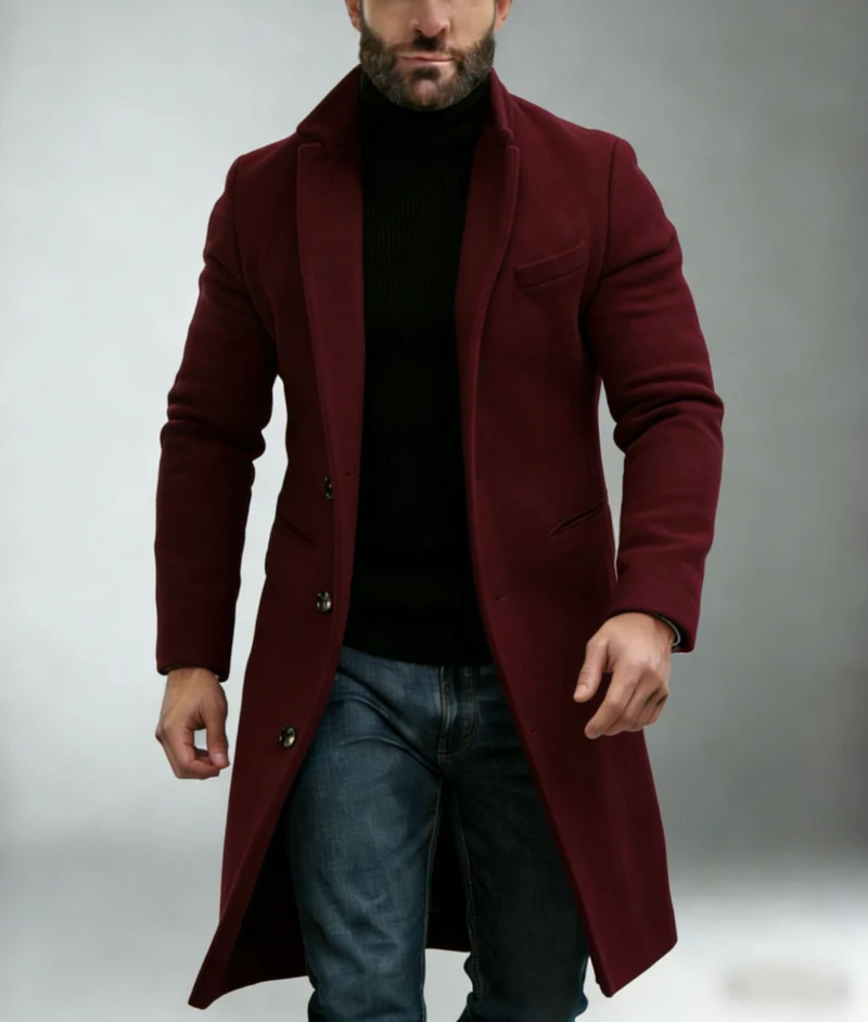 Herren Eleganter einreihiger Langmantel aus Wollmix mit schmaler Silhouette und Reverskragen Nord Taschen