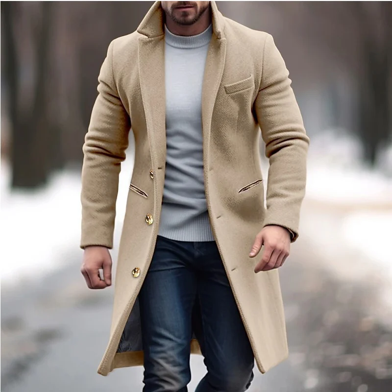 Herren Eleganter einreihiger Langmantel aus Wollmix mit schmaler Silhouette und Reverskragen Nord Taschen