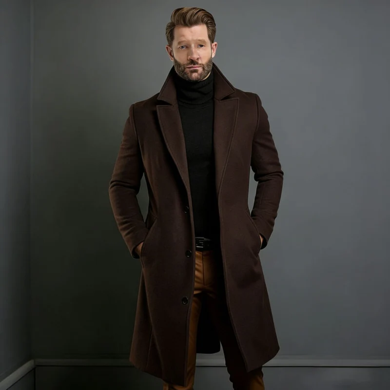 Herren Eleganter einreihiger Langmantel aus Wollmix mit schmaler Silhouette und Reverskragen Nord Taschen