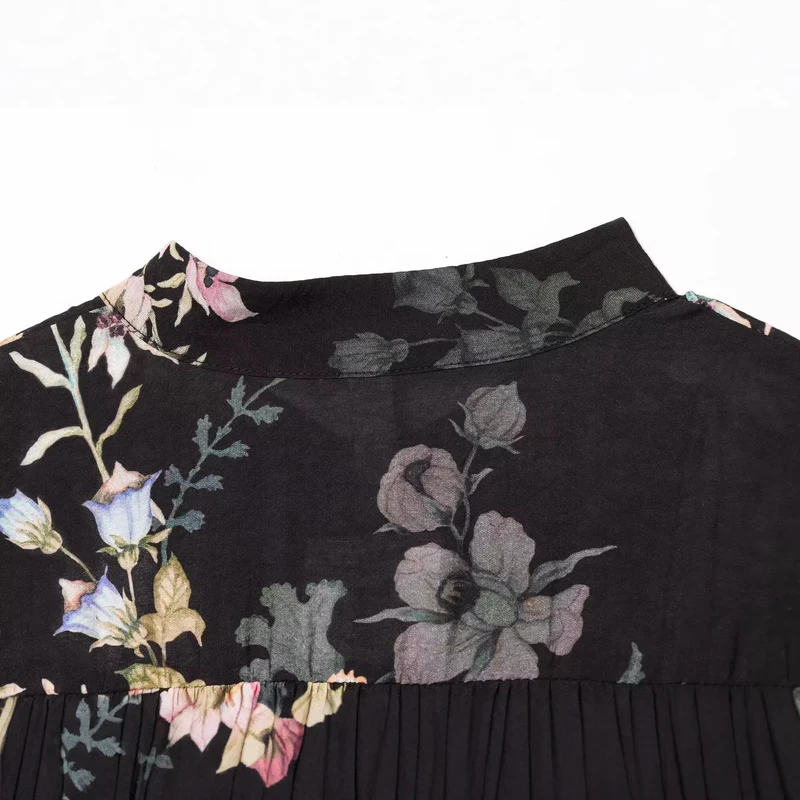 Damen Boho-Stufenkleid mit Stehkragen, Taillengürtel und Ballonärmeln Nord Taschen