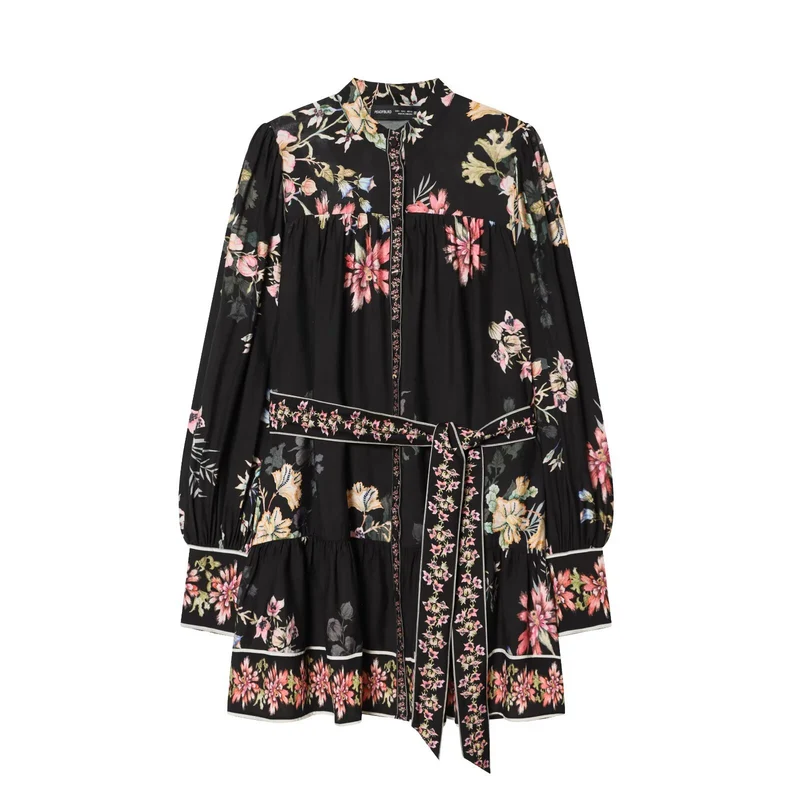 Damen Boho-Stufenkleid mit Stehkragen, Taillengürtel und Ballonärmeln Nord Taschen