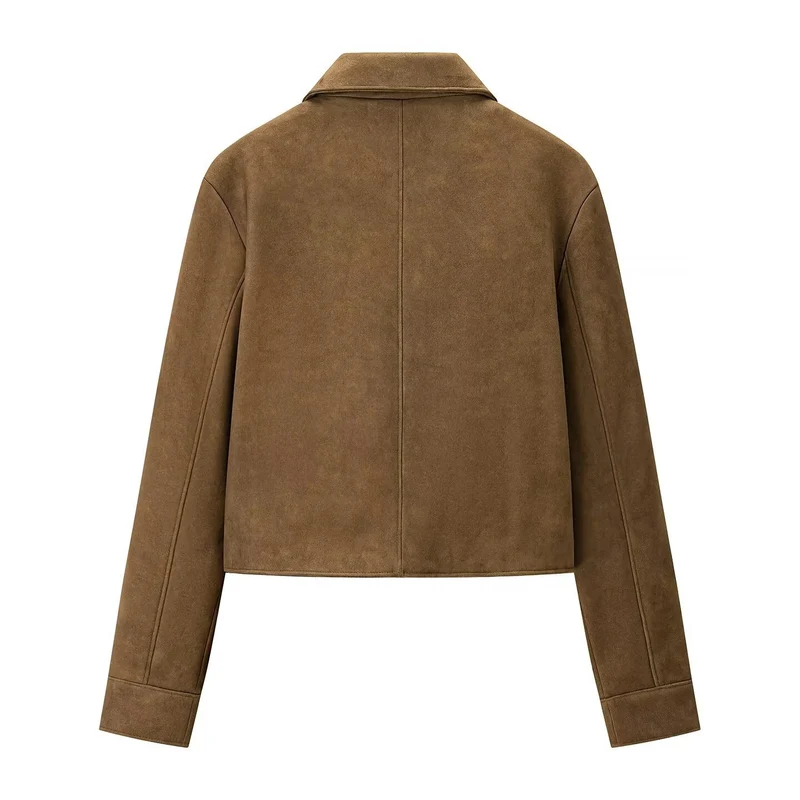 Damen kurz geschnittene Veloursleder‑Optik Jacke mit Hemdkragen und Knopfleiste Nord Taschen