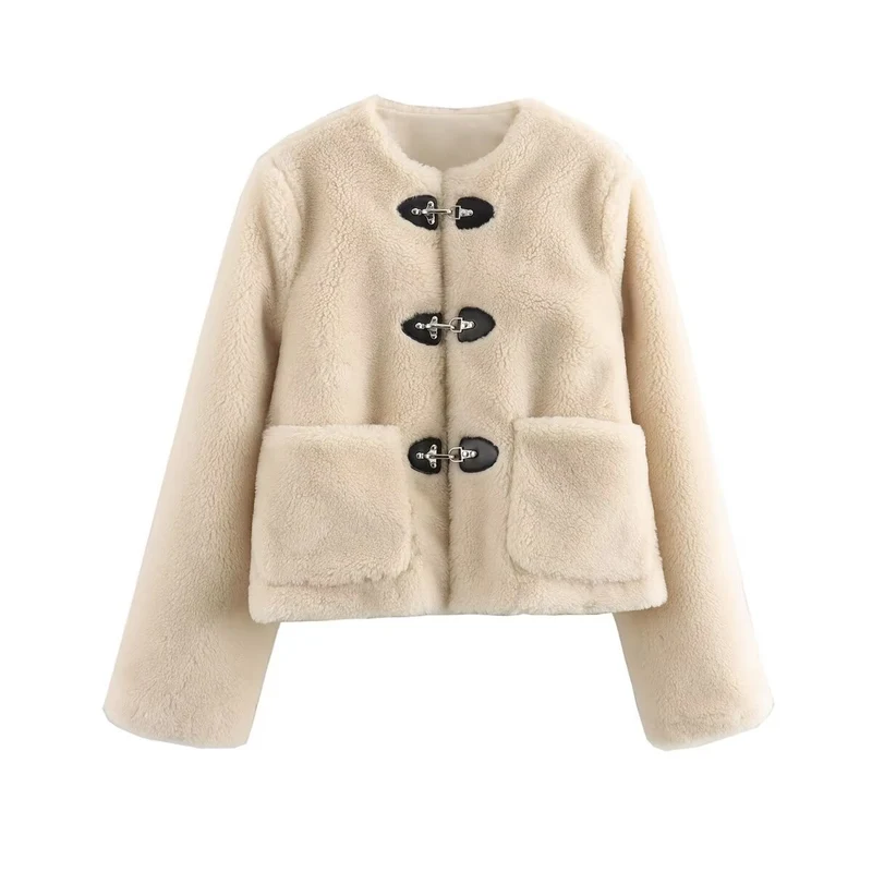 Damen Kurz geschnittene Teddyjacke mit Knebelverschlüssen und aufgesetzten Taschen Nord Taschen