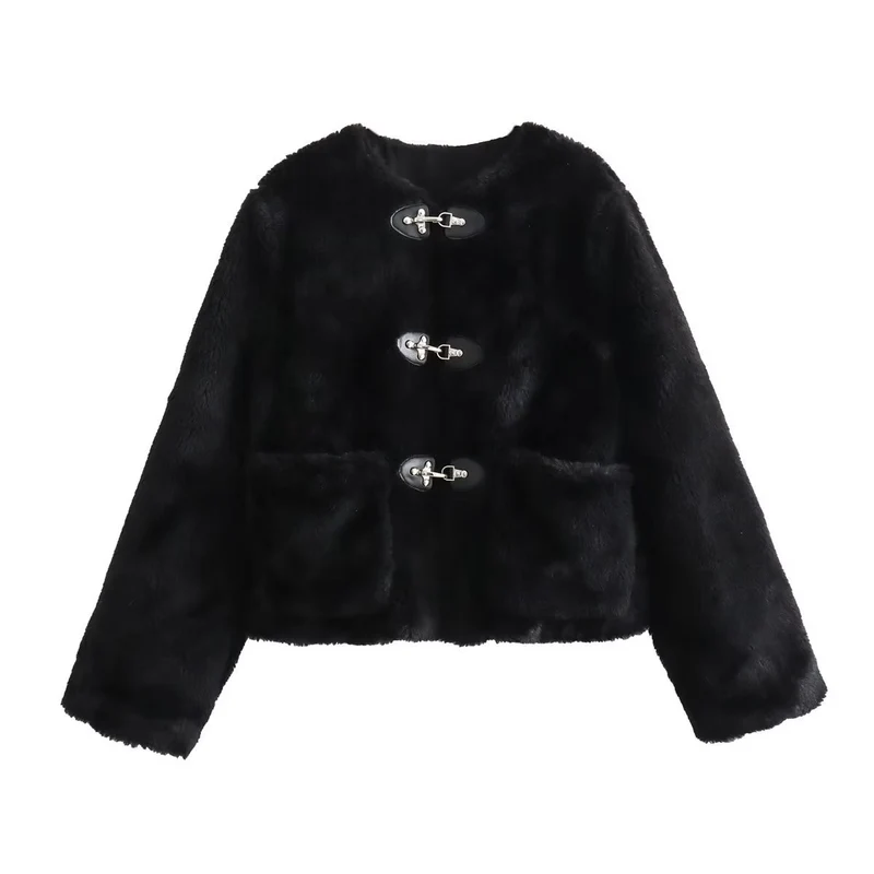 Damen Kurz geschnittene Teddyjacke mit Knebelverschlüssen und aufgesetzten Taschen Nord Taschen