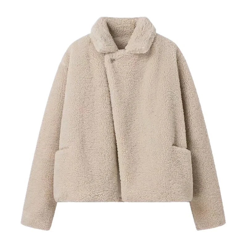 Damen Kurz geschnittene Teddyjacke im Lammfell‑Look mit Oversize‑Reverskragen Nord Taschen