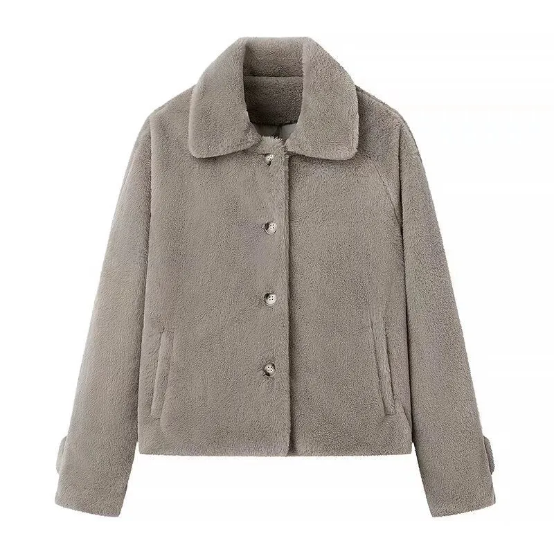 Damen Kurz geschnittene Teddy‑Fleecejacke mit Hemdkragen, verdeckter Knopfleiste und Eingrifftaschen Nord Taschen