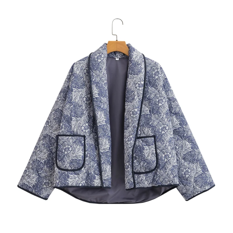 Damen Kurz geschnittene Steppjacke im Vintage-Blumenmuster mit Schalkragen und Kontrastpaspel Nord Taschen