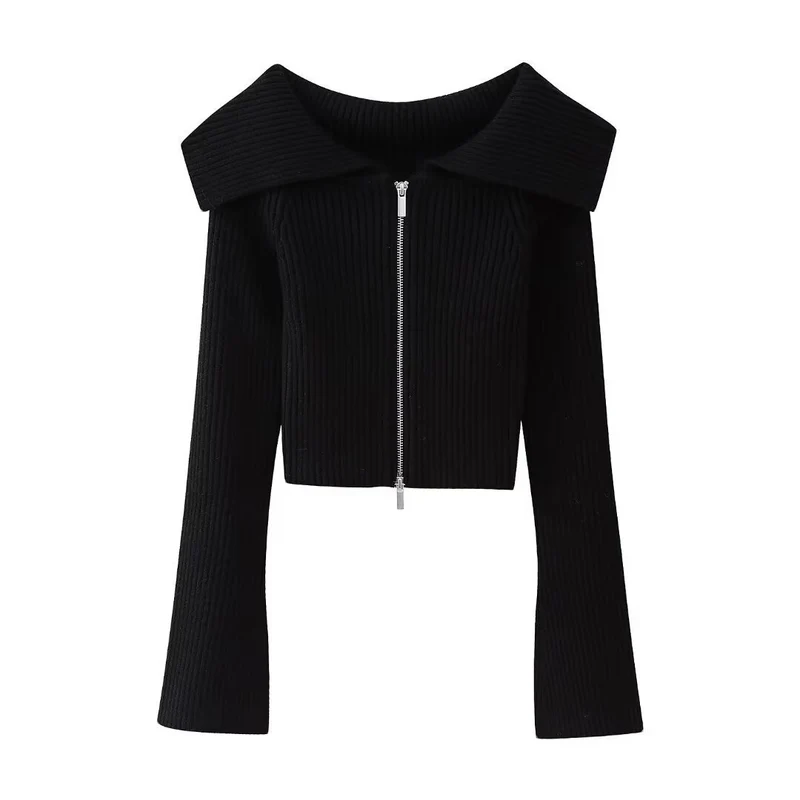Damen Kurz geschnittene Rippenstrick-Jacke mit weitem Carmenkragen und durchgehendem Reißverschluss Nord Taschen