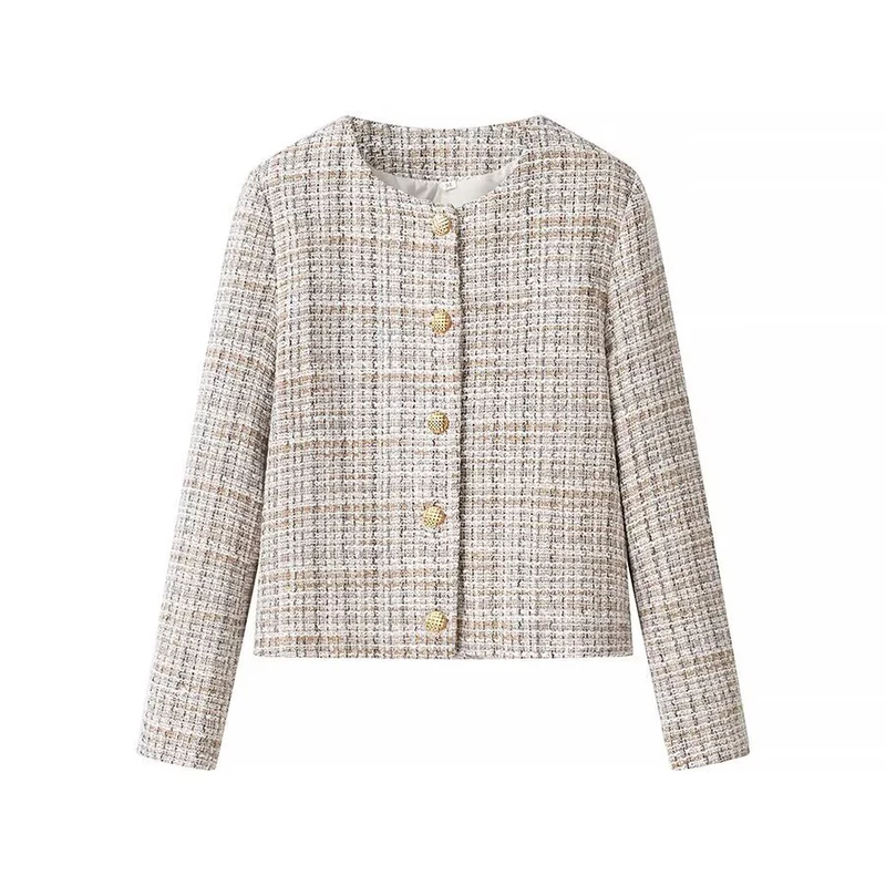 Damen Kurzjacke aus Bouclé‑Tweed mit rundem Ausschnitt und dekorativen Goldknöpfen Nord Taschen