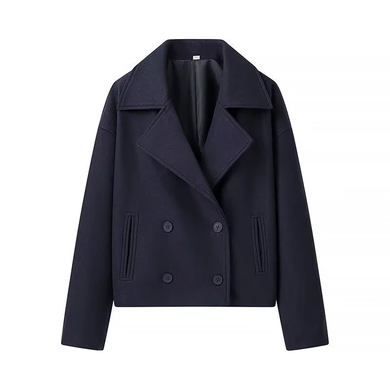 Damen Kurzer Zweireihiger Boxy-Peacoat aus Wollmix mit weitem Revers Nord Taschen