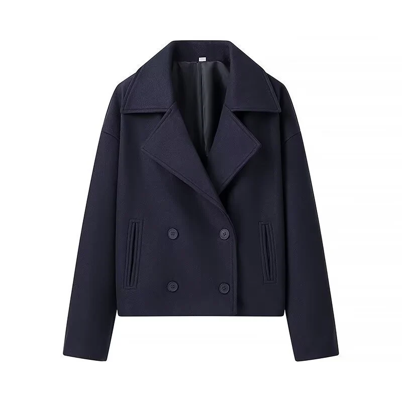 Damen Kurzer Zweireihiger Boxy-Peacoat aus Wollmix mit weitem Revers Nord Taschen