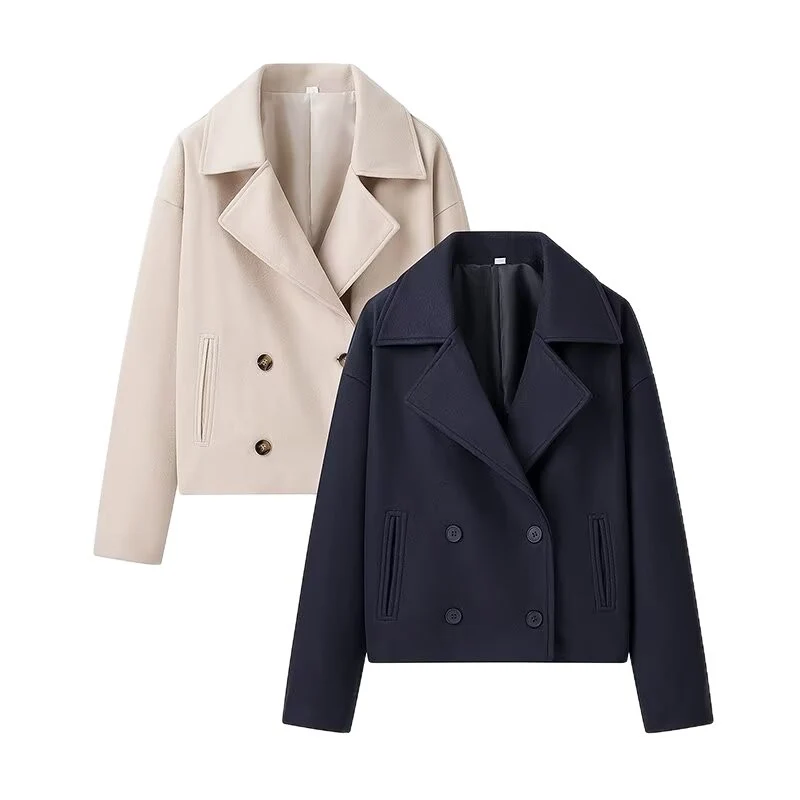 Damen Kurzer Zweireihiger Boxy-Peacoat aus Wollmix mit weitem Revers Nord Taschen