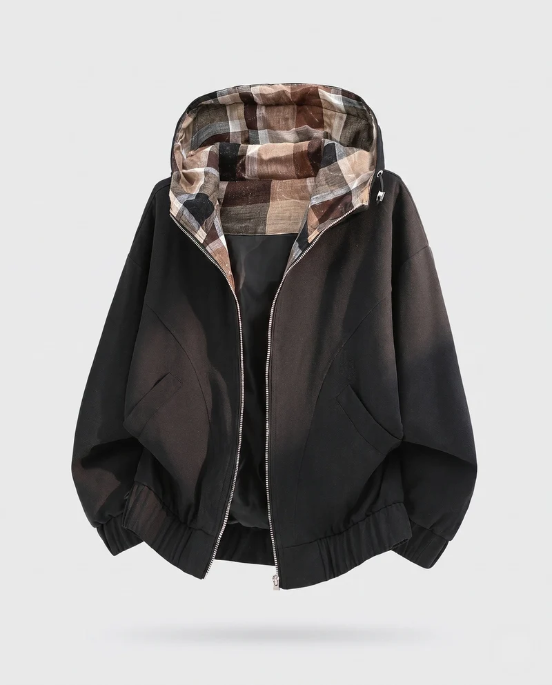 Damen Oversized Hoodie-Jacke mit Karo-Innenfutter in der Kapuze, elastischem Saum und verdeckten Seitentaschen
