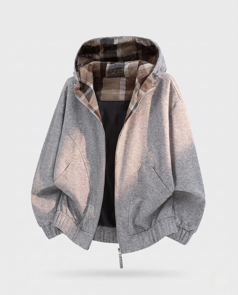 Damen Oversized Hoodie-Jacke mit Karo-Innenfutter in der Kapuze, elastischem Saum und verdeckten Seitentaschen