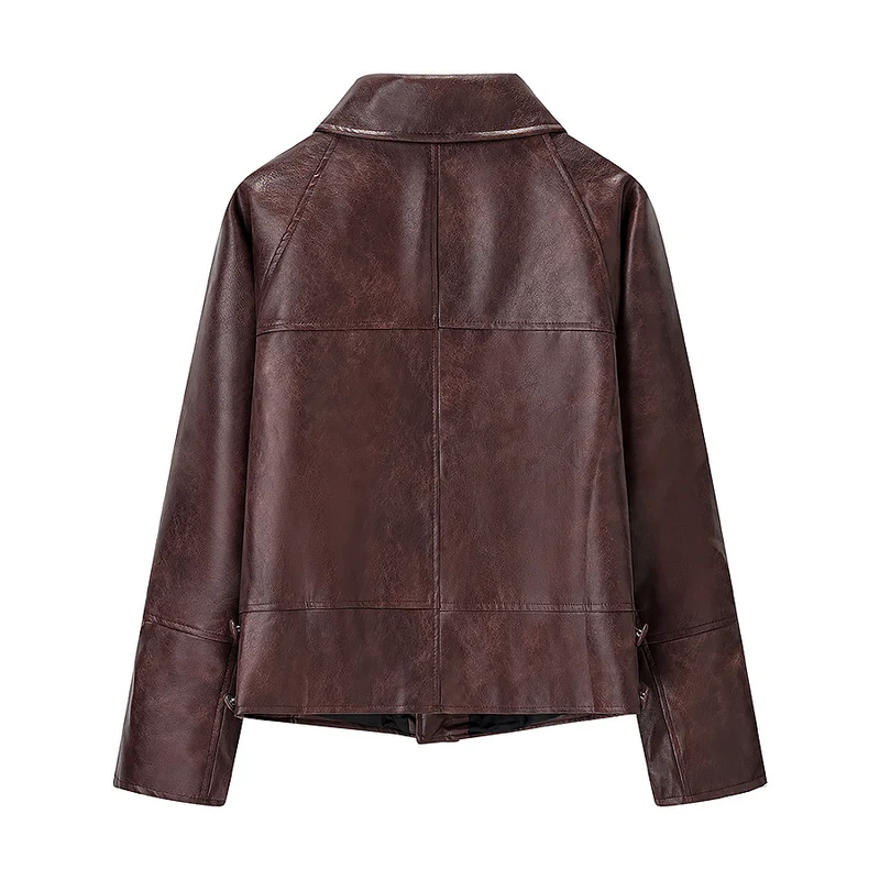 Damen Kurz geschnittene Oversize-Lederjacke mit Rundkragen und Pattentaschen Nord Taschen