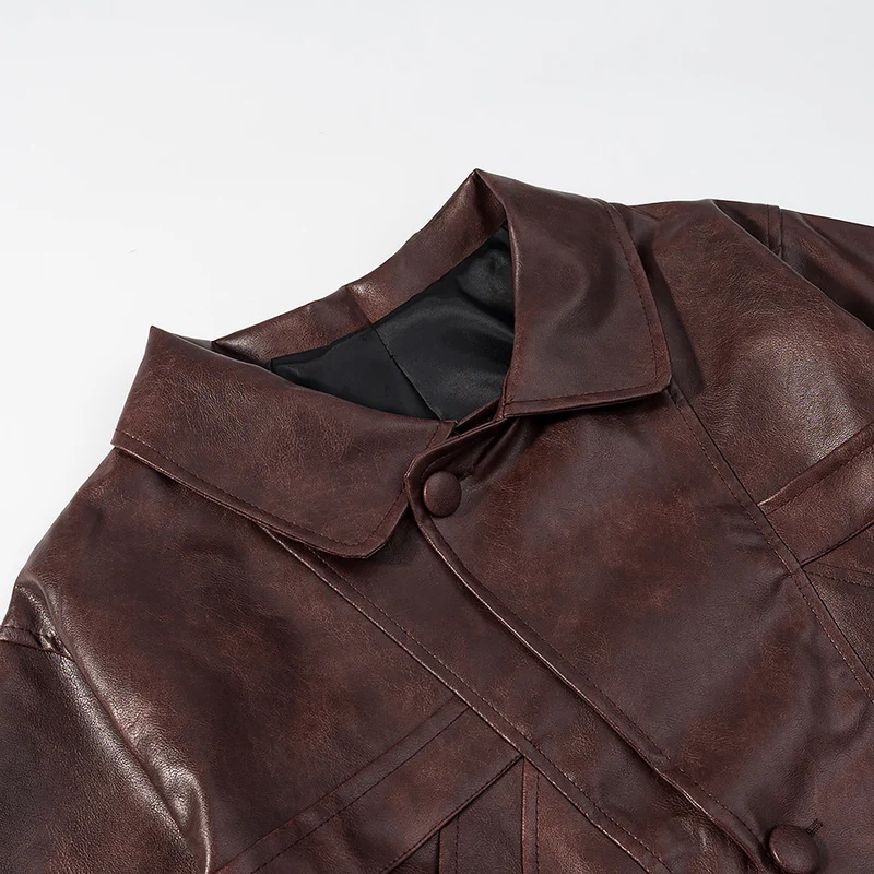 Damen Kurz geschnittene Oversize-Lederjacke mit Rundkragen und Pattentaschen Nord Taschen