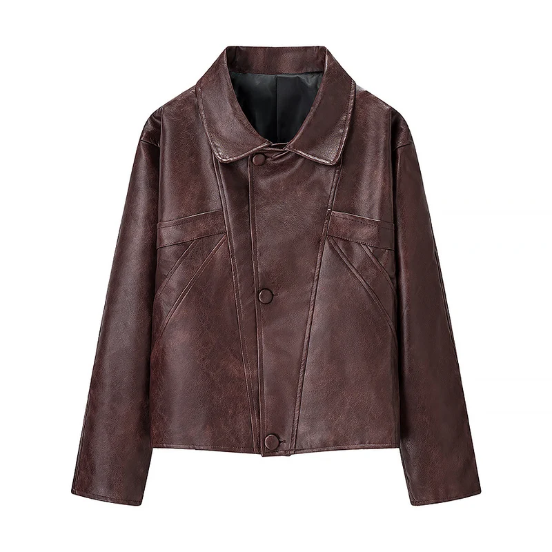 Damen Kurz geschnittene Oversize-Lederjacke mit Rundkragen und Pattentaschen Nord Taschen