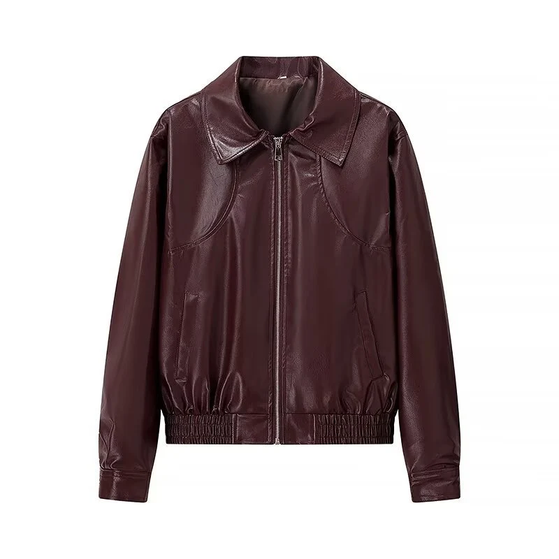 Damen Kurz geschnittene Lederoptik-Jacke mit betonten Schultern, Reißverschluss und Hemdkragen Nord Taschen