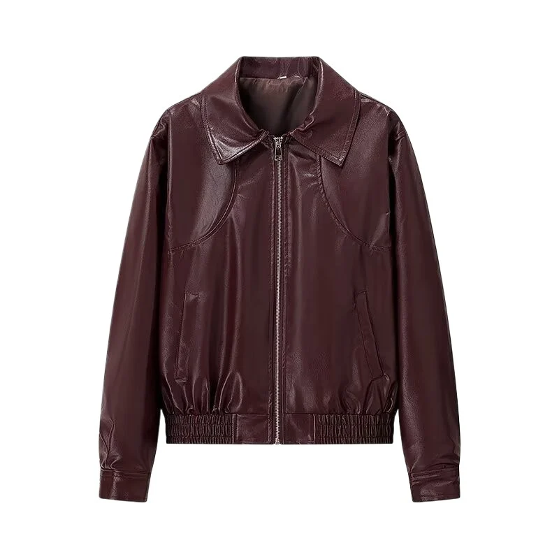Damen Kurz geschnittene Lederoptik-Jacke mit betonten Schultern, Reißverschluss und Hemdkragen Nord Taschen