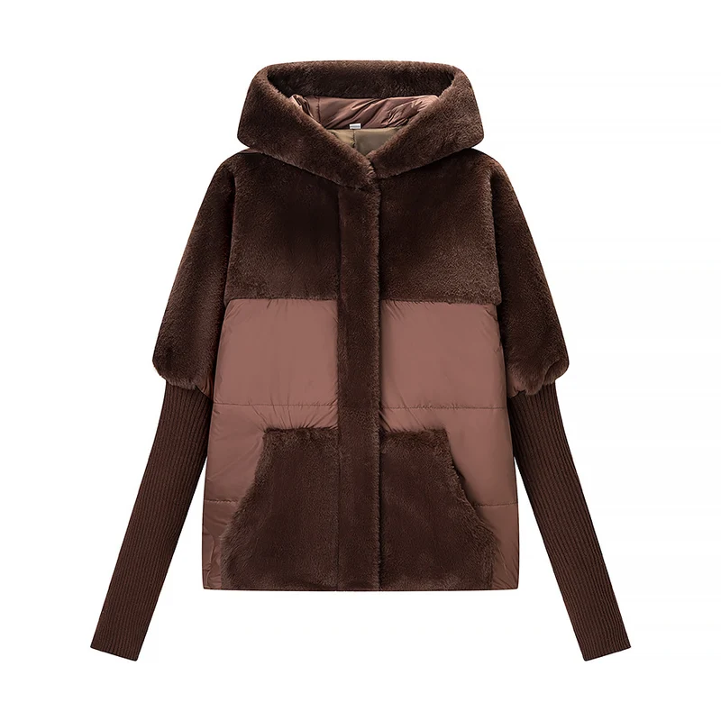 Damen Kurz geschnittene gesteppte Kapuzenjacke mit voluminösem Webpelzbesatz und Oversize‑Silhouette Nord Taschen