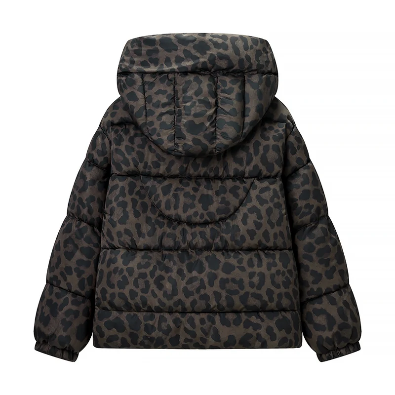 Damen Kurz geschnittene gesteppte Jacke mit hohem Kapuzenkragen, Tunnelzugsaum und Leopardenprint Nord Taschen