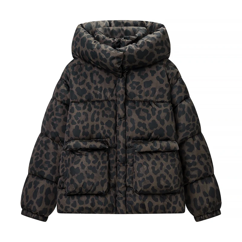 Damen Kurz geschnittene gesteppte Jacke mit hohem Kapuzenkragen, Tunnelzugsaum und Leopardenprint Nord Taschen