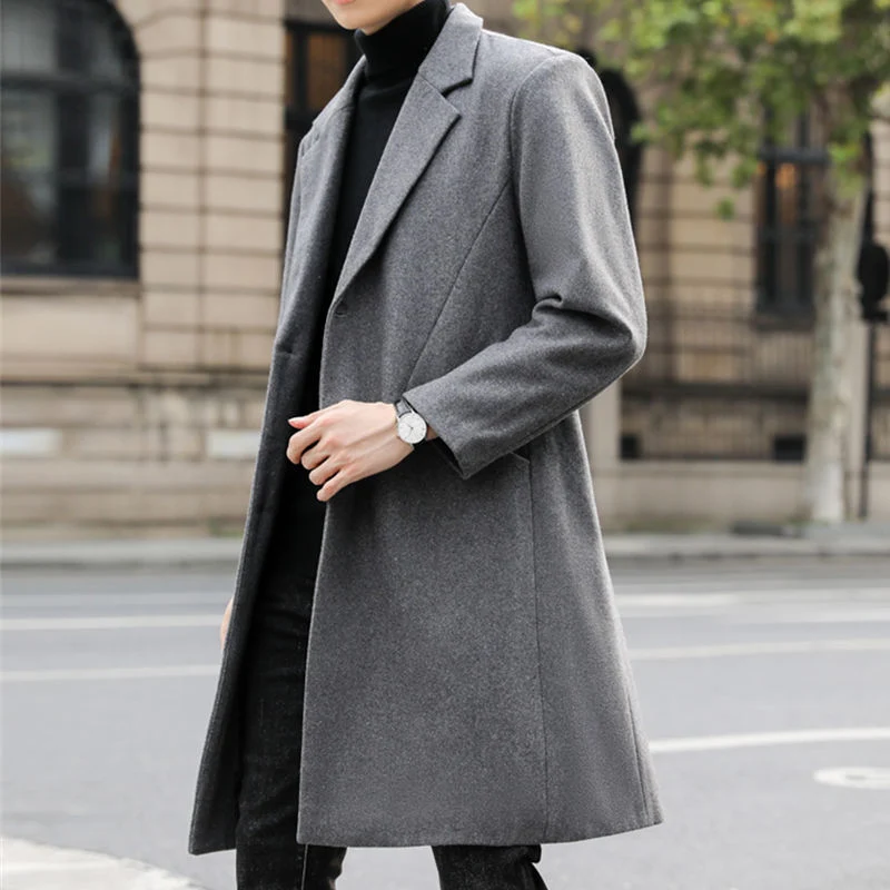Herren Langer eleganter Einreihiger Wollmix-Mantel mit klassischem Revers Nord Taschen