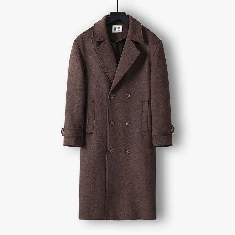 Herren Langer Doppelreihiger Wollmantel mit minimalistischer Silhouette und Schalkragen Nord Taschen