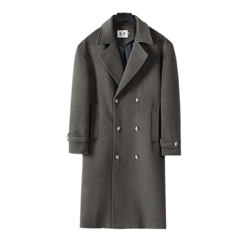 Herren Langer Doppelreihiger Wollmantel mit minimalistischer Silhouette und Schalkragen Nord Taschen