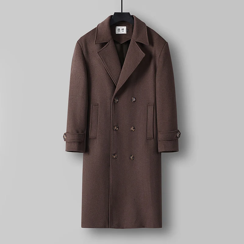 Herren Langer Doppelreihiger Wollmantel mit minimalistischer Silhouette und Schalkragen Nord Taschen