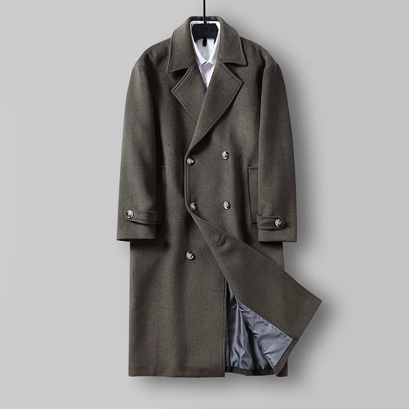 Herren Langer Doppelreihiger Wollmantel mit minimalistischer Silhouette und Schalkragen Nord Taschen