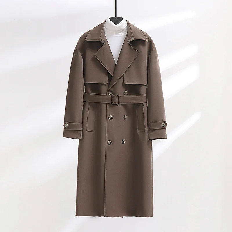 Herren Langer Doppelreihiger Trenchcoat mit Taillengürtel und Oversize‑Schalkragen Nord Taschen