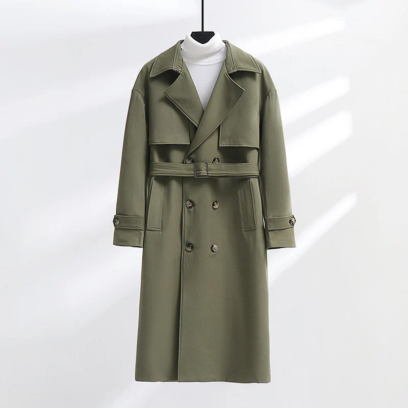 Herren Langer Doppelreihiger Trenchcoat mit Taillengürtel und Oversize‑Schalkragen Nord Taschen