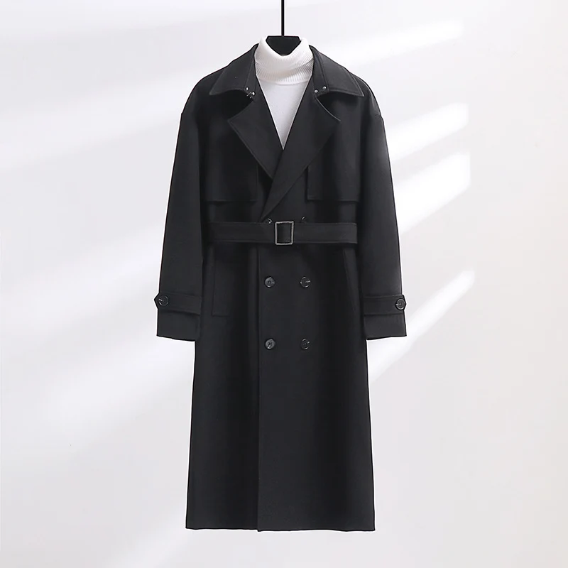 Herren Langer Doppelreihiger Trenchcoat mit Taillengürtel und Oversize‑Schalkragen Nord Taschen