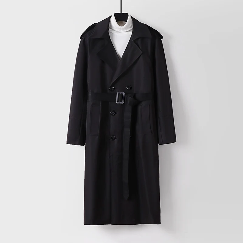 Herren Langer Doppelreihiger Trenchcoat mit Bindegürtel und Epauletten Nord Taschen