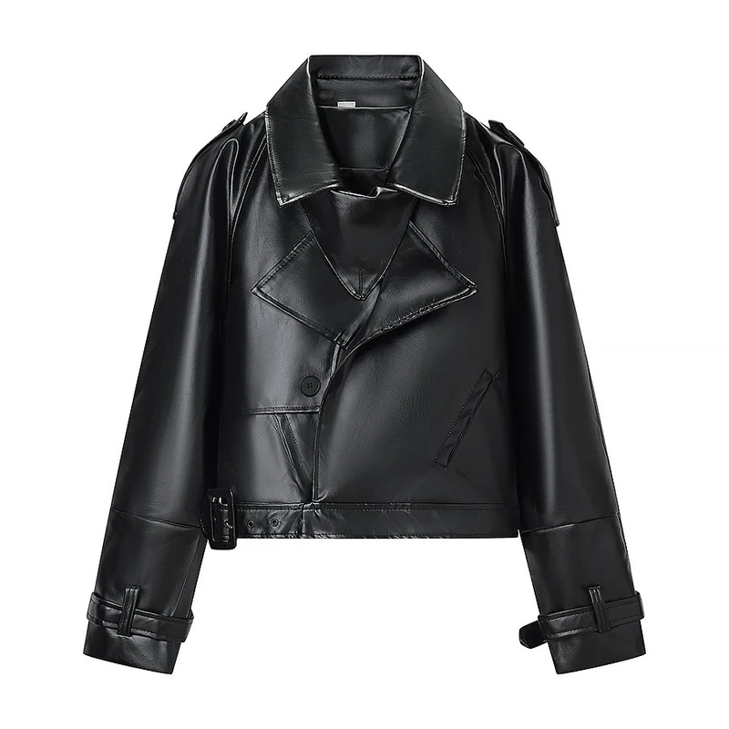 Damen Kurz geschnittene Bikerjacke aus Lederoptik mit asymmetrischer Reversklappe und Taillenriegel Nord Taschen