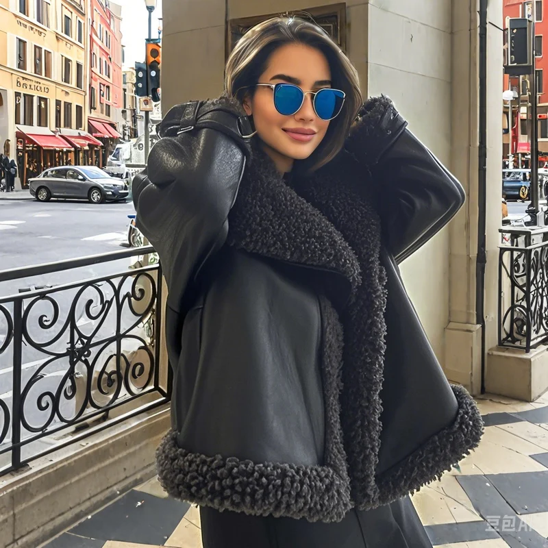Damen Kurz geschnittene Aviator-Lederjacke mit Teddyfutter, großem Kragen und Oversize-Silhouette Nord Taschen