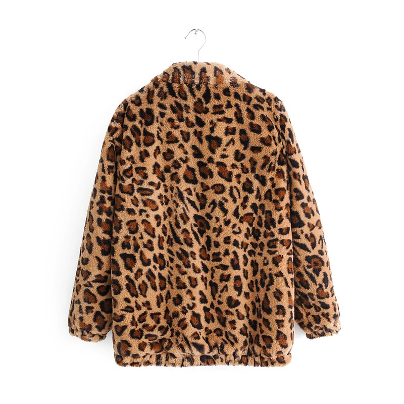 Damen Kunstfelljacke mit Leopardenmuster, durchgehendem Reißverschluss und elastischem Saum Nord Taschen