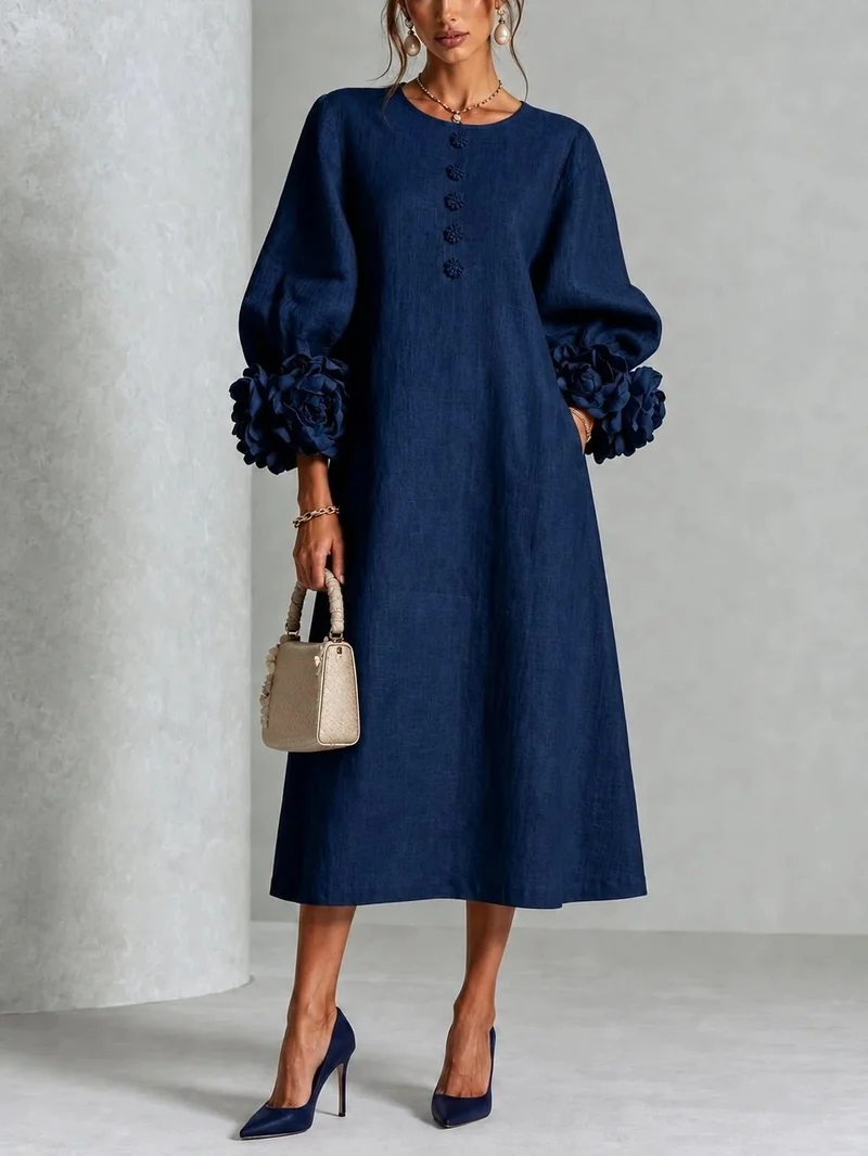 Damen Midikleid aus Leinen mit Ballonärmeln und 3D-Blütenmanschetten Nord Taschen