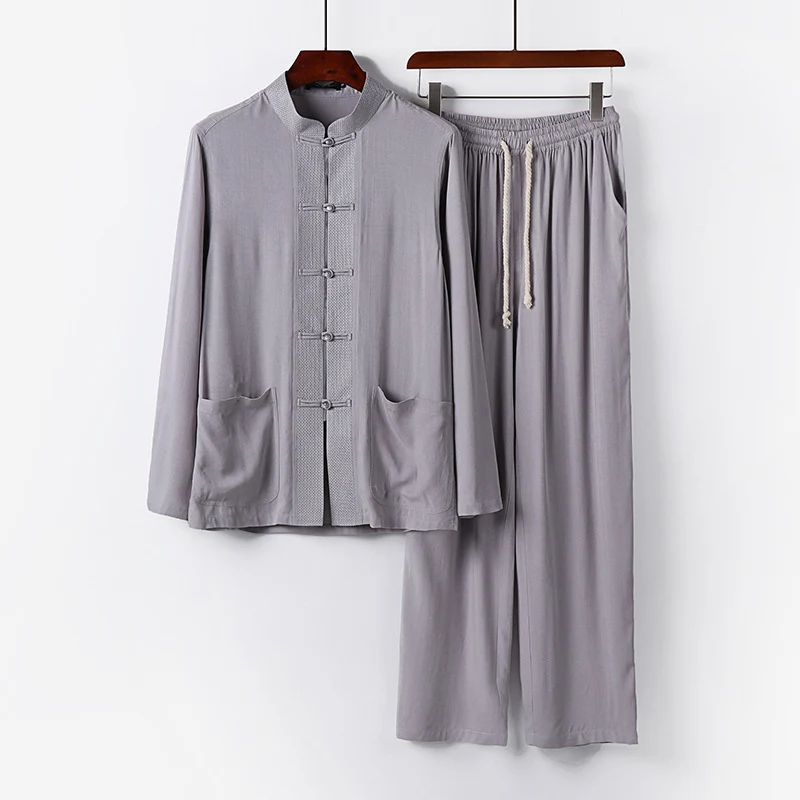 Herren Traditionelles Baumwoll-Loungewear-Set mit Stehkragen Knotenknöpfen und Kordelbundhose Nord Taschen