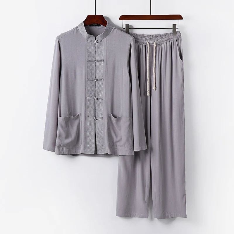 Herren Traditionelles Baumwoll-Loungewear-Set mit Stehkragen Knotenknöpfen und Kordelbundhose Nord Taschen