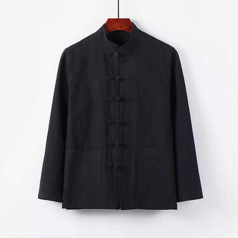 Herren traditionelle Tang-Jacke mit Stehkragen und Knotenknöpfen aus Leinenmischung Nord Taschen
