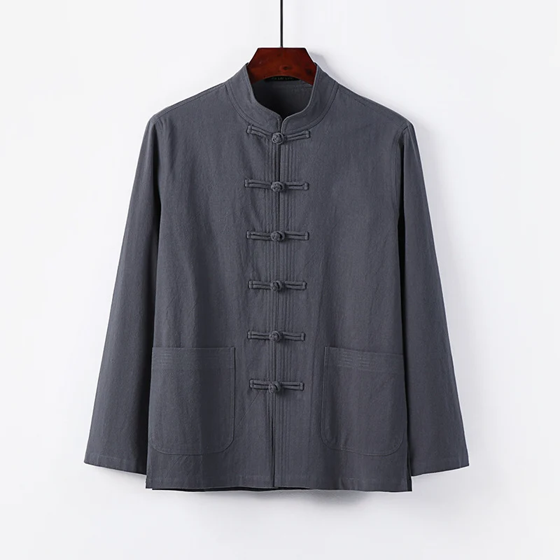 Herren traditionelle Tang-Jacke mit Stehkragen und Knotenknöpfen aus Leinenmischung Nord Taschen
