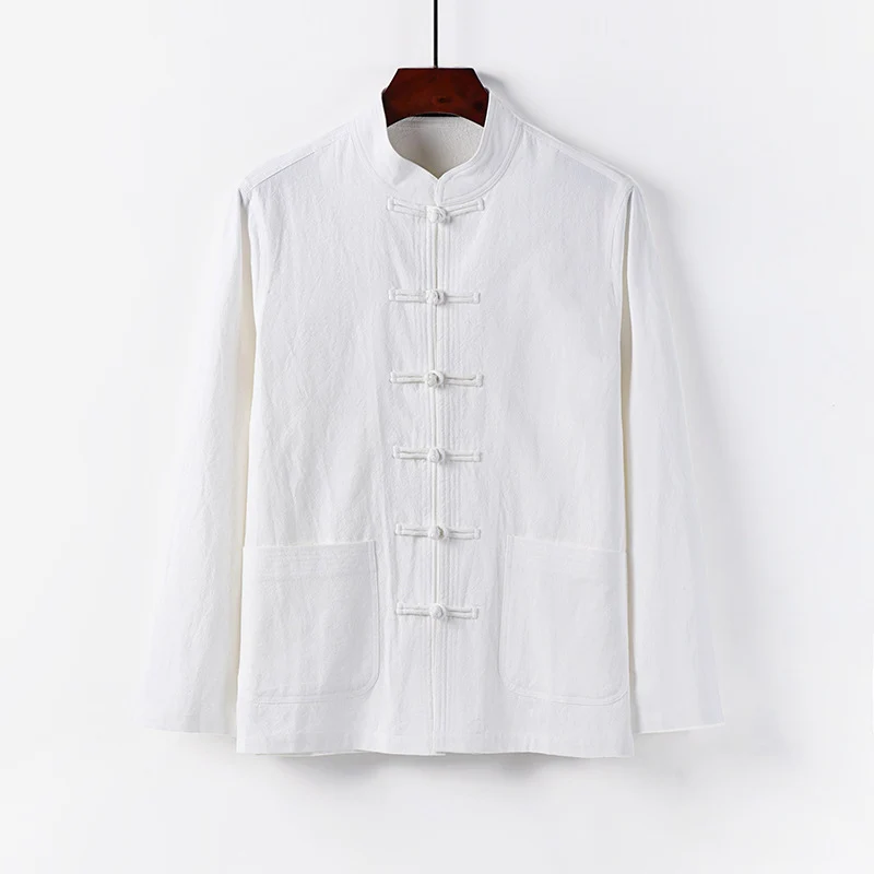 Herren traditionelle Tang-Jacke mit Stehkragen und Knotenknöpfen aus Leinenmischung Nord Taschen