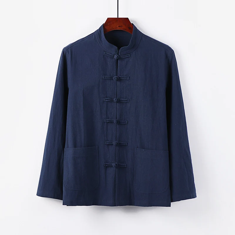 Herren traditionelle Tang-Jacke mit Stehkragen und Knotenknöpfen aus Leinenmischung Nord Taschen