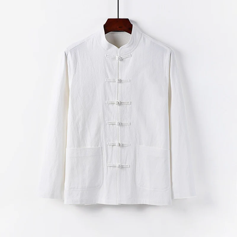 Herren traditionelle Tang-Jacke mit Stehkragen und Knotenknöpfen aus Leinenmischung Nord Taschen